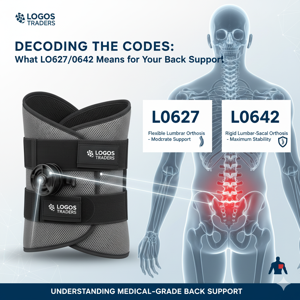 Diagram showing the features of a medical-grade lumbar orthosis with HCPCS codes L0627 and L0642 for support and stabilization.