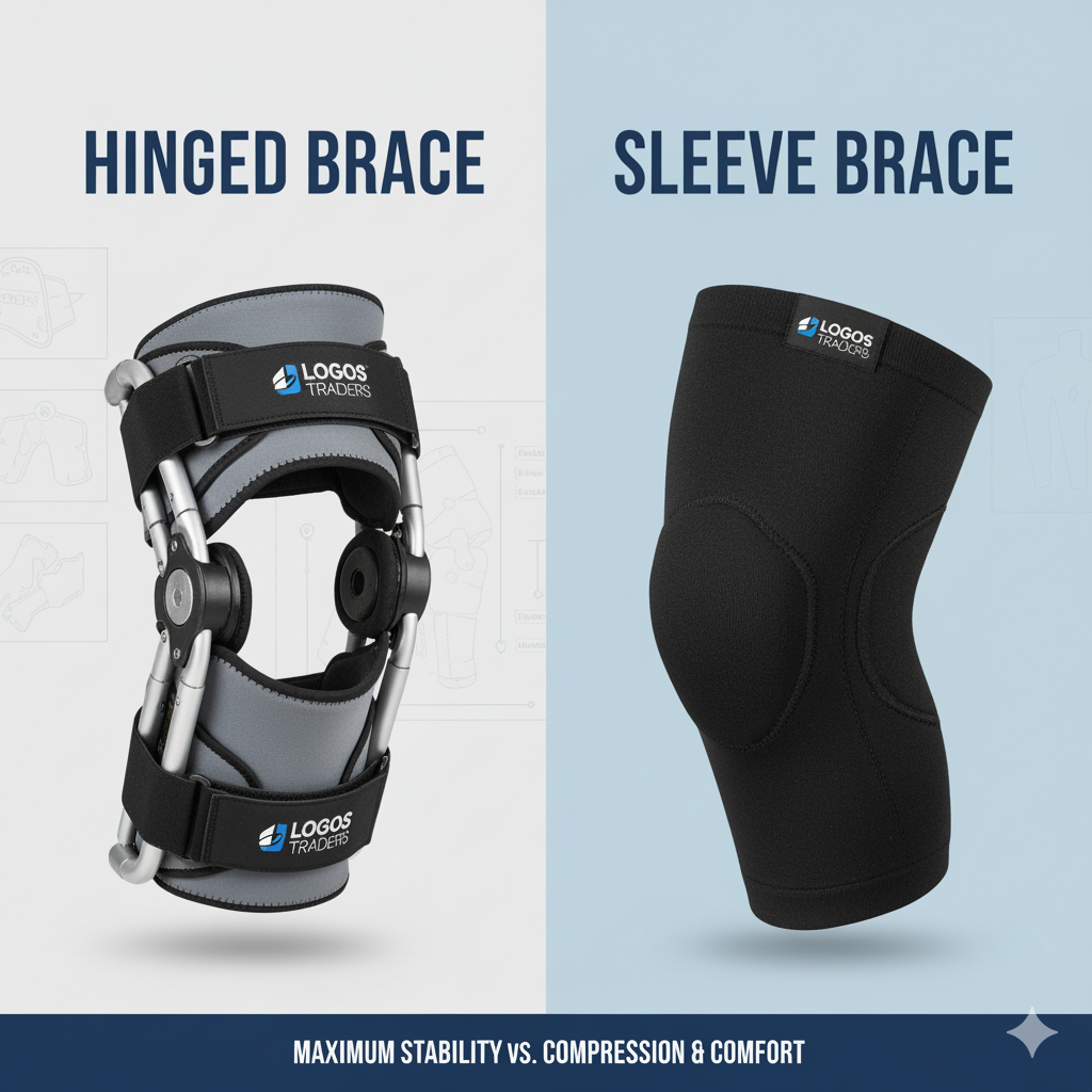 Image comparing hinged knee brace benefits for stability and support with a knee sleeve for compression, illustrating different types of knee braces.