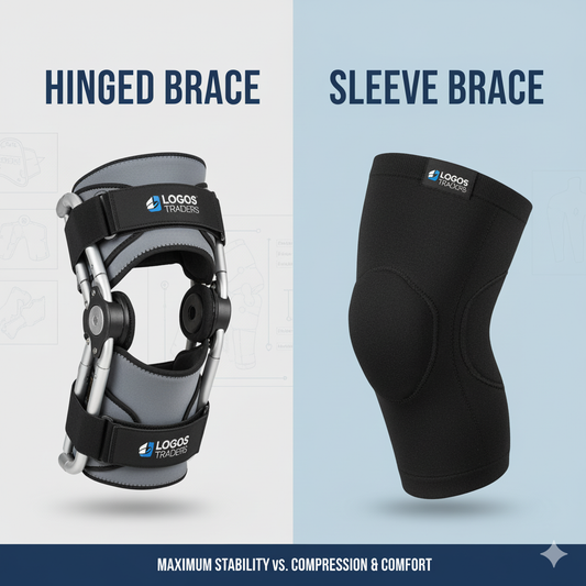 Image comparing hinged knee brace benefits for stability and support with a knee sleeve for compression, illustrating different types of knee braces.