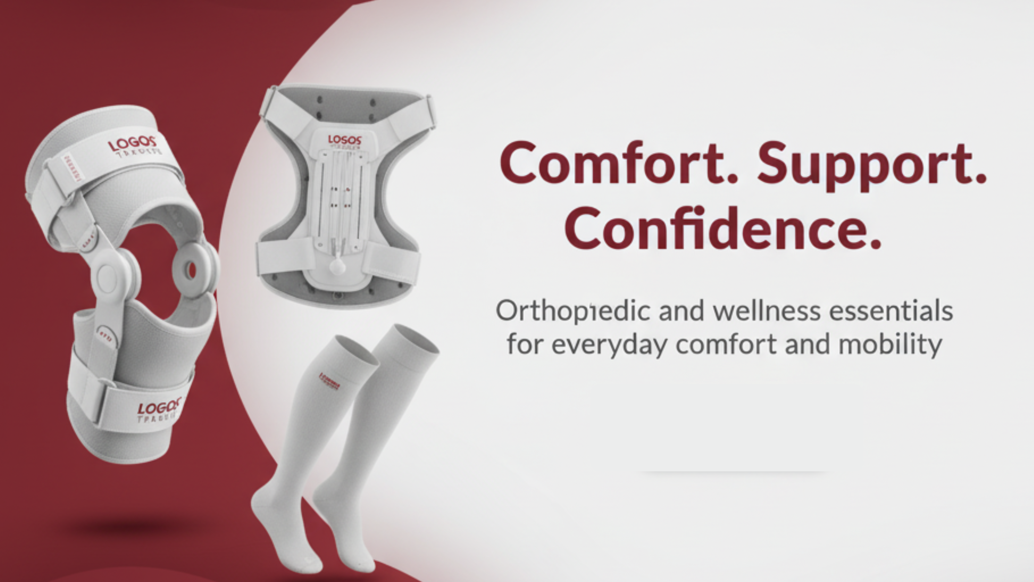 Logos Traders homepage banner featuring a back brace, knee brace, and compression stockings. Text reads: Comfort. Support. Confidence. Orthopedic and wellness essentials for everyday comfort and mobility in New York.