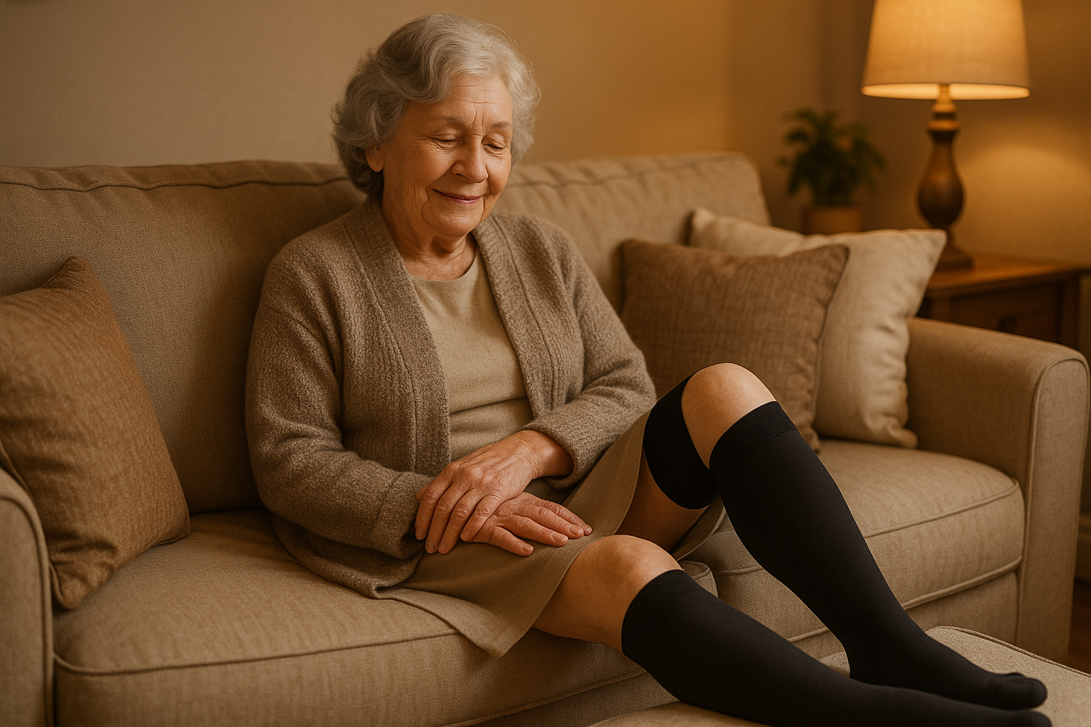 An old women wearing black compression stockings seating on the couch