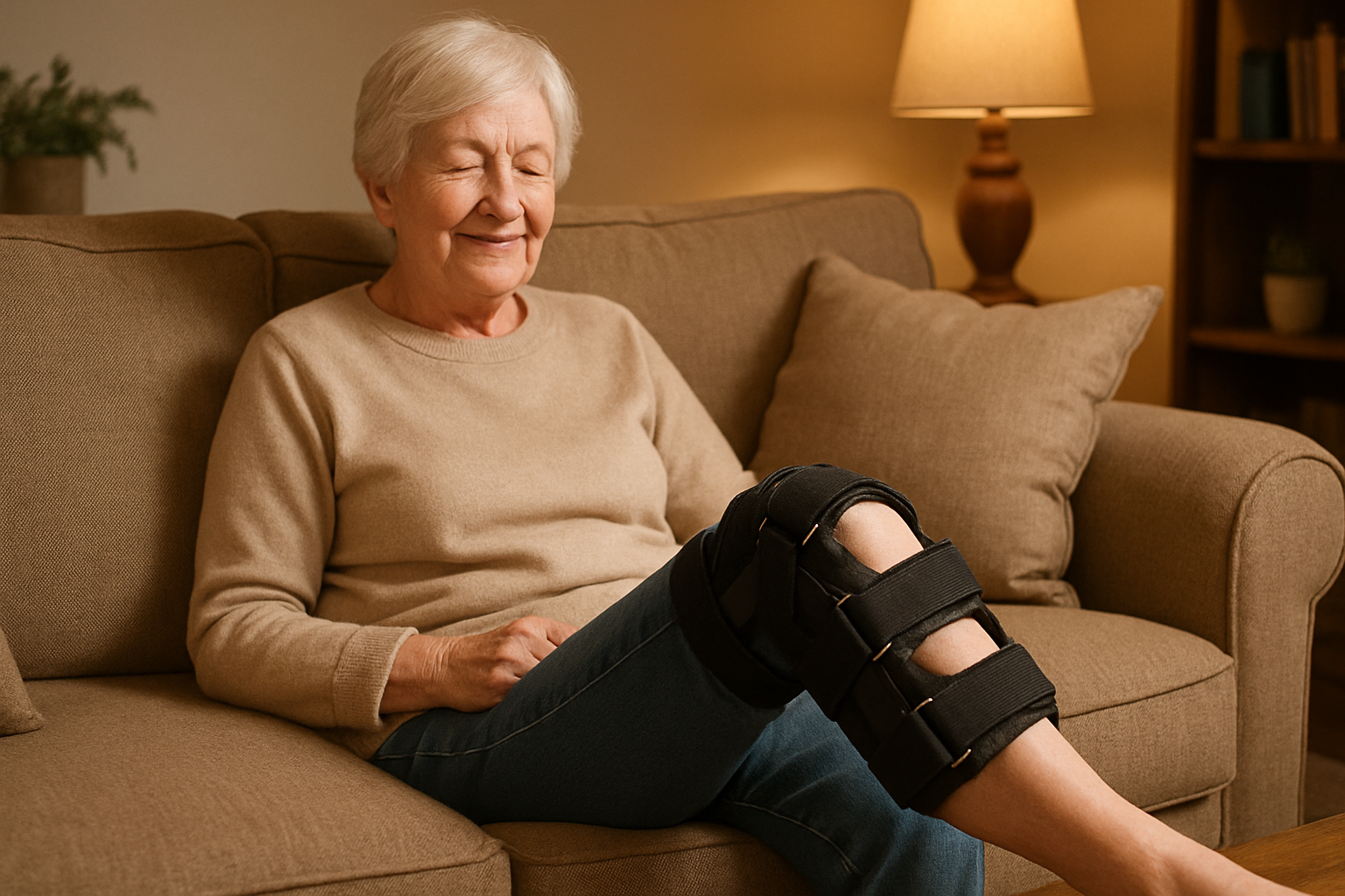 Knee Brace wearing an old person seating on sofa